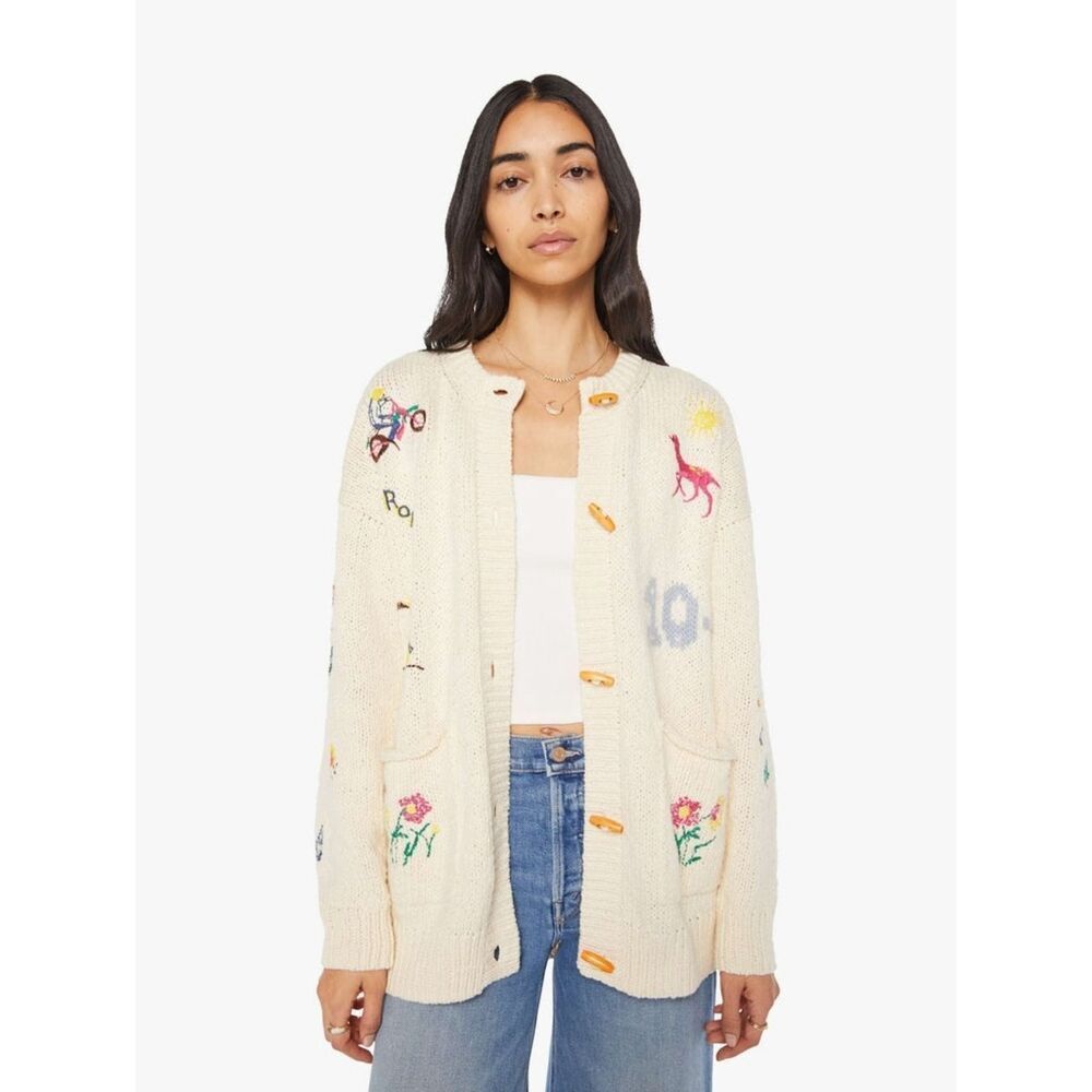MOTHER The Long Drop Cardigan - Cream with Pastel Embroidered Motifs Size xL